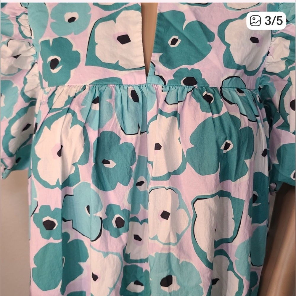 Pinch Floral Puff Sleeve Maxi Dress in Teal and White floral size large - Picture 5 of 13